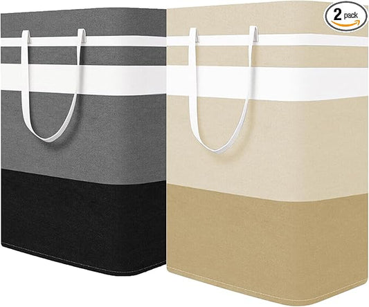 2-Pack Foldable Laundry Basket,Large Laundry Baskets with Handles,Waterproof Laundry Hamper,Collapsible Laundry Hampers for Clothes Organizer 80L (Black&Beige)