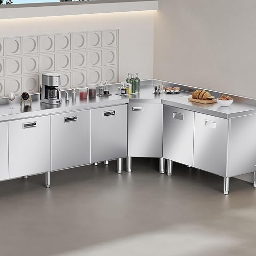 ZZV 59" x 21" Stainless Steel Table Cabinet for Prep & Work, Heavy Duty Prep Table with 3 Pull-Out Doors, Commercial Workbench with Cabinet for Kitchen, Restaurant, Hotel, Garage, and Warehouse
