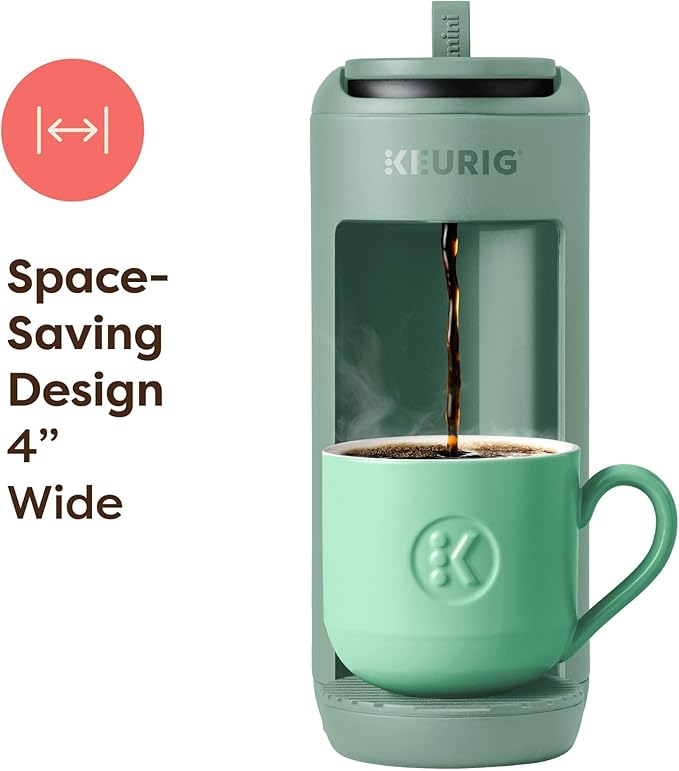 Keurig K-Mini Mate Single Serve Coffee Maker – Ultra-Compact 4” Width, Travel Mug Friendly, Ideal Holiday Gift for Small Spaces, Glamping Green
