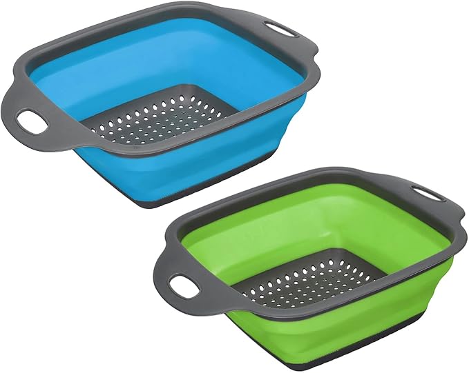 Collapsible Colander Set, 2pcs Silicone Square Foldable Strainer Space Saving Suitable for Pasta, Vegetables, Fruits - Blue Green Small