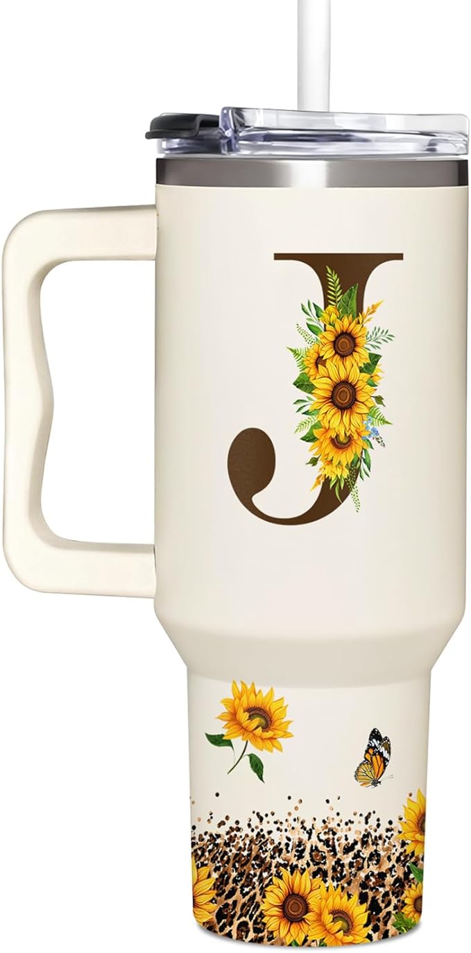 Personalized Birthday Gifts For Women - Sunflowers Monogrammed Cup For Boss Day, Christmas - Customized Gifts For Women, Mom, Wife, Coworkers, Boss Lady, Her - Custom Tumbler With Handle 40oz