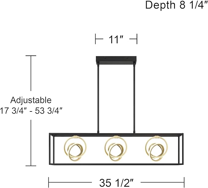 Possini Euro Design Christy 35 1/2" Modern Pendant Chandelier Ceiling Light Fixture Dining Room Over Table Kitchen Island Foyer Hanging Linear 3-Light LED Dimmable Black Gold Metal Hallway Entryway