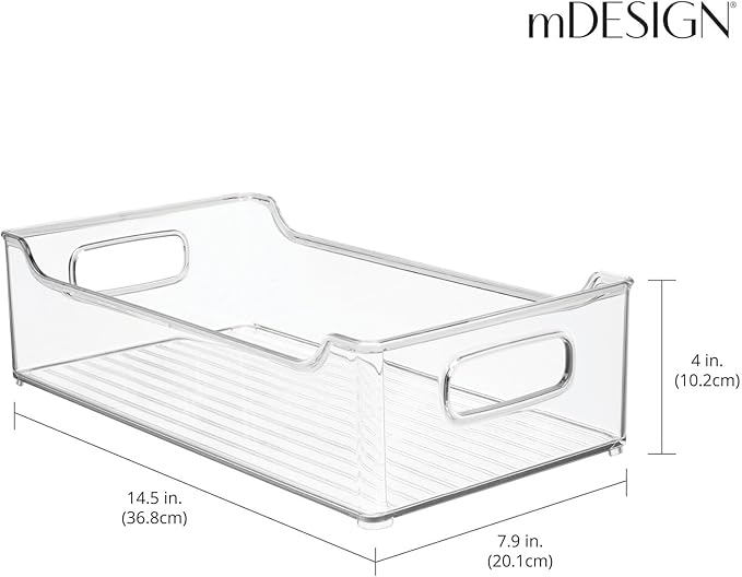 mDesign Wide Plastic Kitchen Storage Container Bins with Handles -Organization in Pantry, Cabinet, Refrigerator or Freezer Shelves - Food Organizer for Fruit, Yogurt, Squeeze Pouches - 4 Pack - Clear