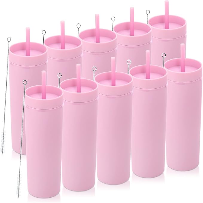 Volhoply 20oz Plastic Skinny Tumblers Bulk 10 Pack,Double Wall Tumbler with Lid and Straw,BPA Free Matte Acrylic Iced Coffee Cups With Straw,Reusable Travel Cute Mug for Party,DIY Gift(Pink, 10 Set)