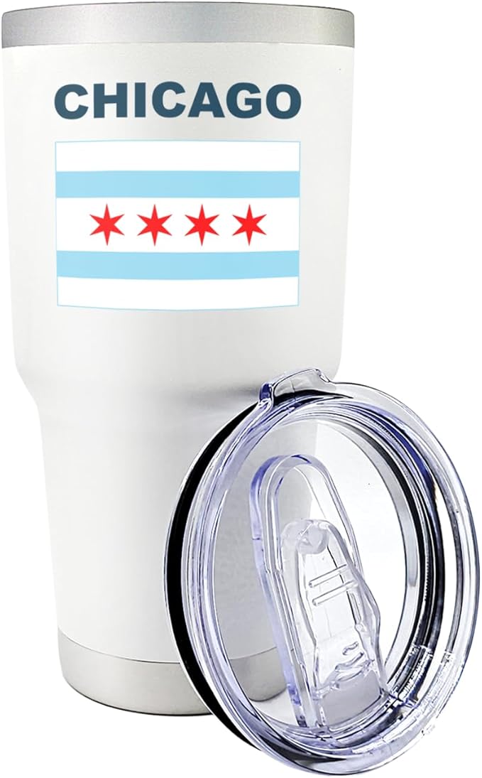 Palm City Products Premium 30 oz Chicago White Tumbler with Slider Lid - Featuring Chicago Flag Design - Ideal Themed Gift Souvenir
