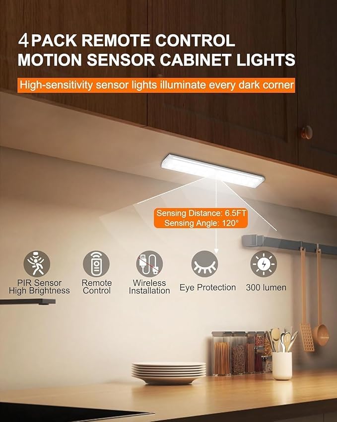 Diomart Under Cabinet Lighting Wireless, RGB Rechargeable Motion Sensor Light Indoor Night Lights, 58 -LED Remote Control Under Counter Lightis for Kitchen, Wardrobe, Hallway, Stairs, Desk(4 Pack)