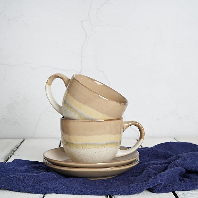 Bosmarlin Ceramic Cappuccino Cup and Saucer Set of 2, 10 Oz, Coffee Cups for Latte, Espresso, Tea, Dishwasher and Microwave Safe (Brown Grey)