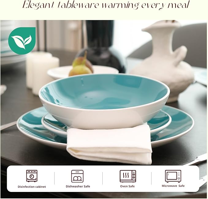 Stoneware Coupe Shape 16pc Dinnerware Set, Outside White + Inside Turquoise
