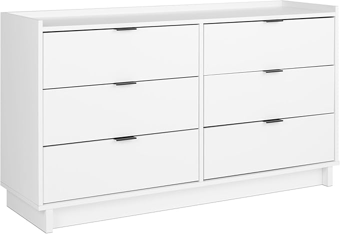 Prepac Simply Modern 6-Drawer Double Dresser for Bedroom, Chest of Drawers, Modern Bedroom Furniture, 52.5” wide x 16” deep x 29.5” tall, White