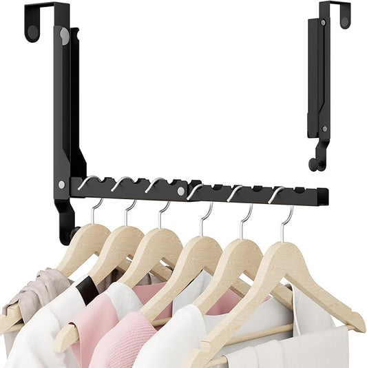BAKON Over The Door Hangers, Over Door Hooks for Hanging, Small Space Dual Folding Portable Over Door Clothes Hanger for Clothes, Hats, Bags and Towels (1Pack,Black(Update))