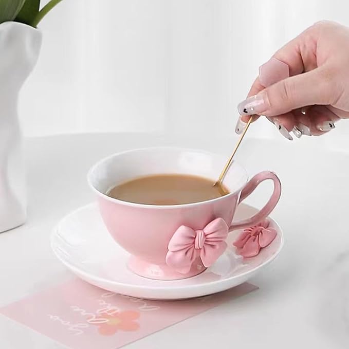 Bow Coffee Mugs Set with Saucer 200 ML Coquette Mug Porcelain Bow Cute Tea Cup Coffee for Women Girl