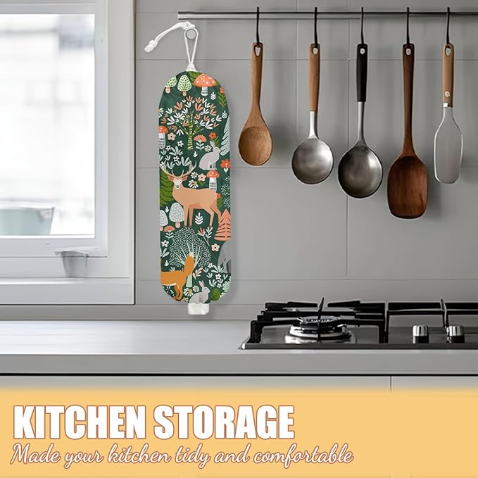 Forest Animals Plastic Bag Holder, Wall Mount Grocery Bag Holder, Plastic Storage bag, Pull Rope Free Adjustment, Plastic Bag Holders for Grocery Bags, Plastic Bag Dispenser for Home Kitchen