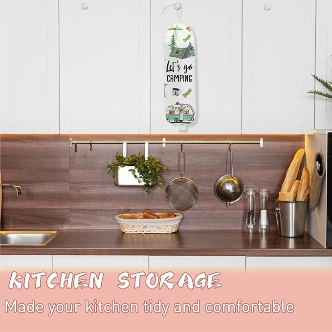 Camping Plastic Bag Holder, Wall Mount Grocery Bag Holder for Plastic Storage bag, Camper Accessories for Inside Storage Organizer Reusable Grocery Bags, Pull Rope Free Adjustment, Gifts for Women Mom