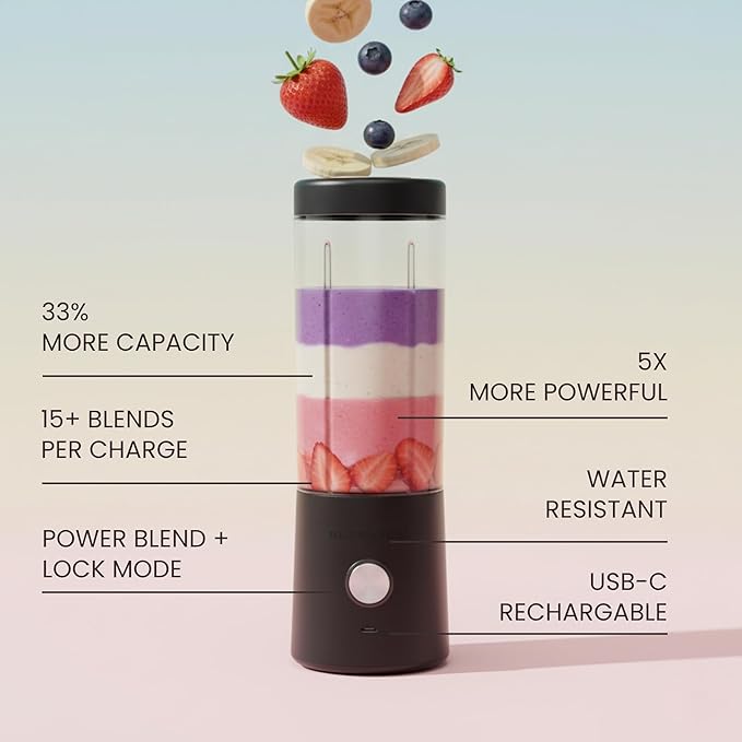 Portable Blender for Smoothies & Shakes - 16oz Cordless Mini Blender, USB-C Rechargeable & Self-Cleaning, and Stainless Steel Blade - Black (2)