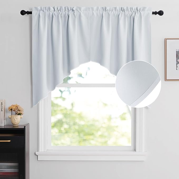 NICETOWN Room Darkening Pole Pocket Kitchen Tier Curtains- Tailored Scalloped Valance/Swags for Home Decor (Two Panels, 36" W X 36" L Each Panel, Greyish White)