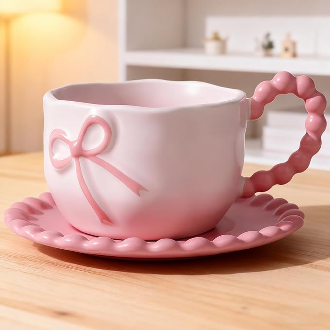 Bow Coffee Mug Pink Coquette Coffee Mugs Set with Saucer 12 OZ Porcelain Tea Cup Bow Cute Mug for Women Girl