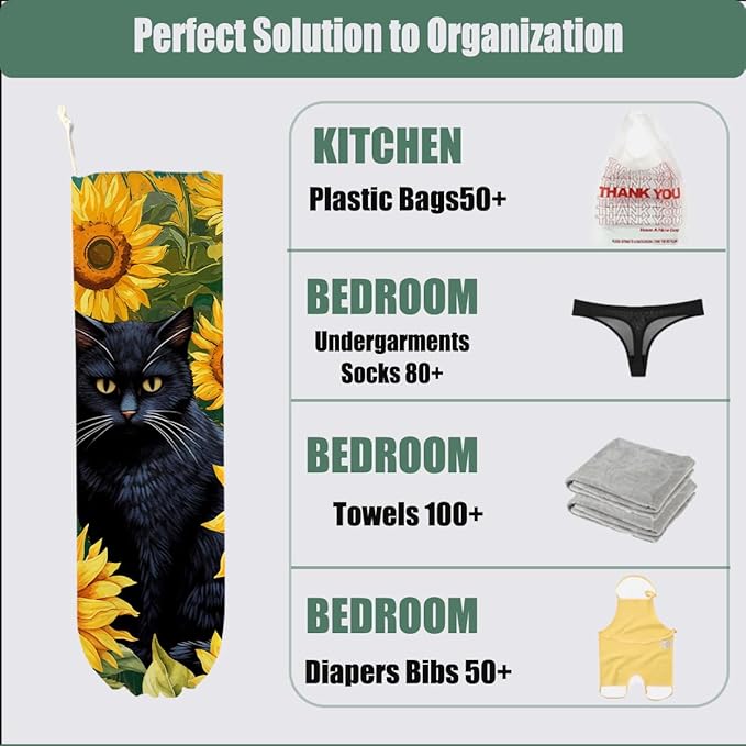 Cat Plastic Bag Holder, Sunflower Plastic Bag Holders for Grocery Bags, Wall Mount Reusable Grocery Bags Storage Dispenser for Home Kitchen Pantry Decor, Cute Cats Gifts for Women Mom Cat Lover
