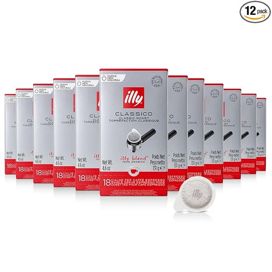 illy Classico E.S.E. Pods , Medium Roast, Classic Roast with Notes of Chocolate & Caramel, 100% Arabica Coffee, All-Natural, No Preservatives, 18 Count (Pack of 12)