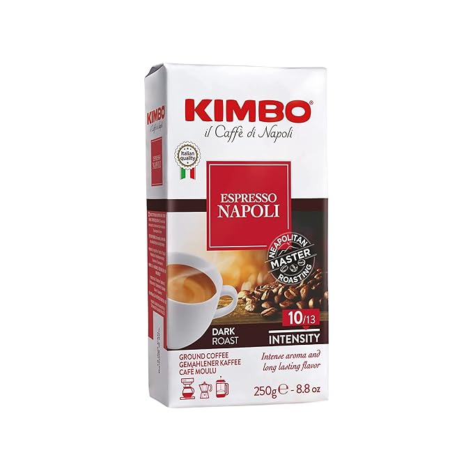 Kimbo Espresso Napoli Ground Coffee | Dark Roast | Intense Aroma & Long Lasting Flavor | 10/13 Intensity | 8.8 oz (250g) Brick
