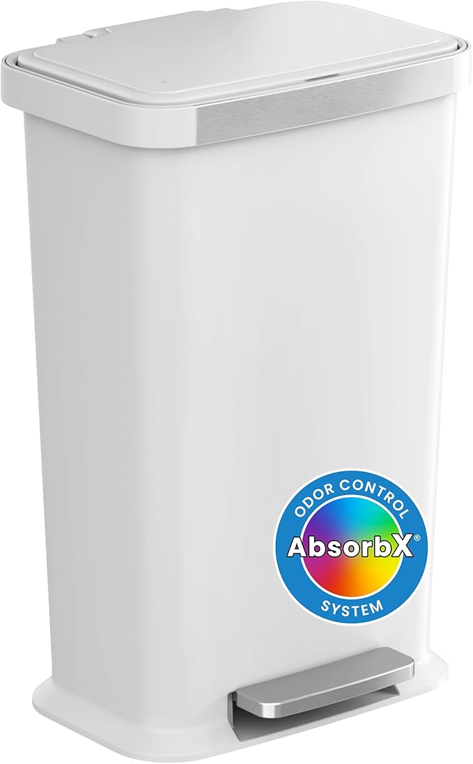 iTouchless SoftStep 13.2 Gal / 50L Step Pedal Kitchen Trash Can with Odor Filter, Durable Dent-Proof Construction and Stainless Steel Trim, Garbage Bin with Lid for Home Office, Bedroom, White Plastic