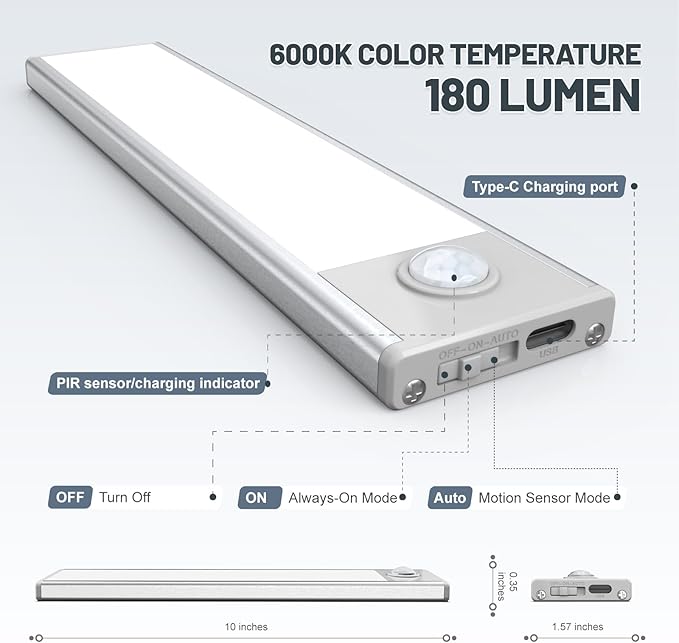 6 Pack Under Cabinet Lights Wireless, 40 LED Motion Sensor Light Indoor Rechargeable Magnetic Closet Lights Battery Operated, Under Counter Lights for Kitchen, Wardrobe, Hallway, Stairs