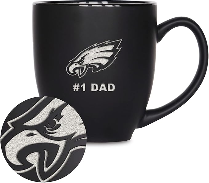 Rico Industries NFL Football #1 Dad 15oz Laser Engraved Matte Black Ceramic Bistro Mug - for Hot or Cold Drinks