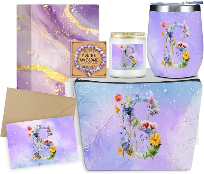 Personalized Gifts Monogrammed Birthday Gifts for Women, New Mom, Grandma Valentine's Day Thank You Christmas, Initial Wine Tumbler Makeup Bag Scented Candle Bracelet Set, (Aesthetic Purple Flower S)