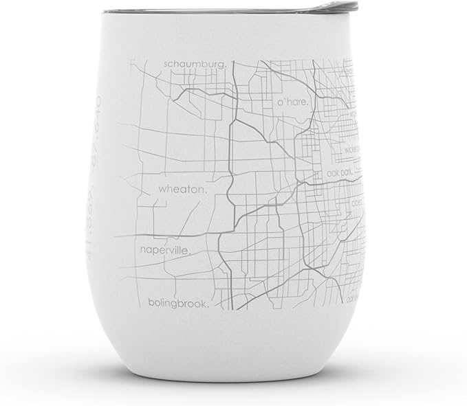 Well Told Engraved Chicago Illinois Map Insulated Wine Tumbler, Etched Stainless Steel Wine Tumbler (12 oz, White) City Map Insulated Tumbler, Custom Insulated Tumbler, Outdoor Drinkware
