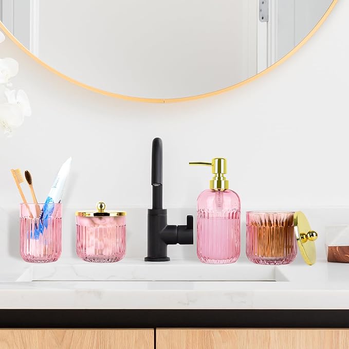 Bathroom Accessories Set,4 Pcs Pink Glass Bathroom Accessories Set with Toothbrush Holder,Lotion Soap Dispenser,2 Qtip Holder Dispensers - Countertop Organizer for Modern Bathroom Decor - Pink