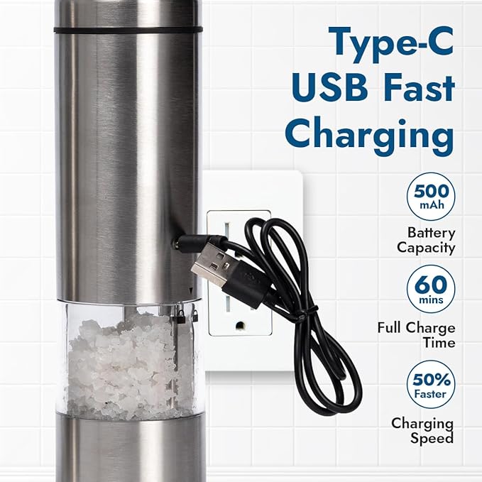 Electric Salt and Pepper Grinder (SINGLE) - Rechargeable USB-C - Stainless Steel Salt, Pepper or Spice Mill with LED Light - One Handed Operation - Adjustable Ceramic Grinders