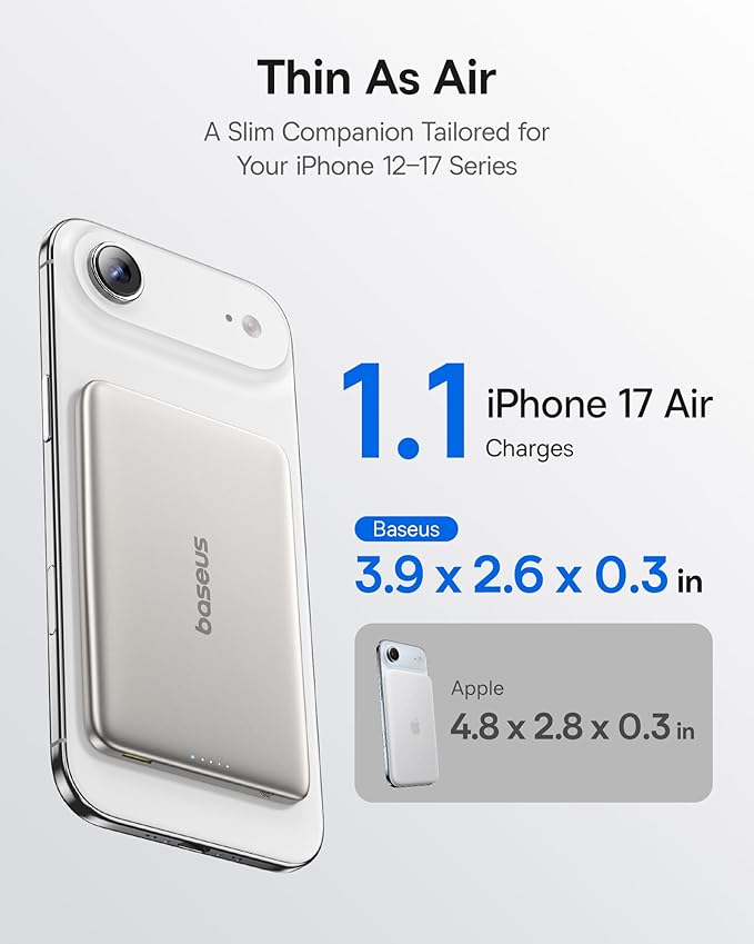 Baseus Picogo Power Bank, 0.3" Ultra Slim 5000mAh MagSafe Portable Charger with USB-C Braided Cable, Card-Size Magnetic Battery Pack, Alloy Wireless Fast Charger for iPhone 16/15/14/13/12, Lightweight