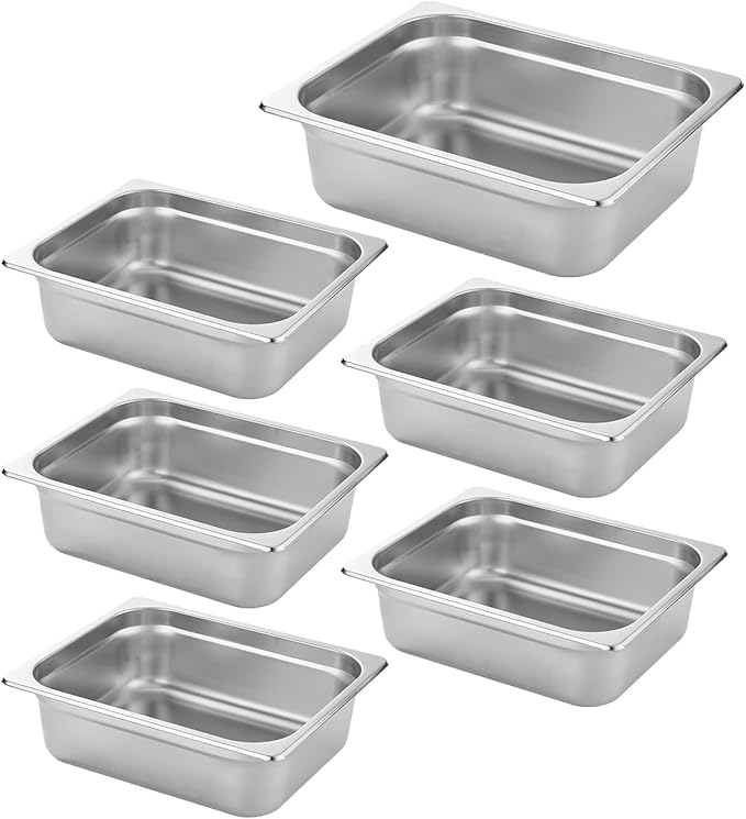 HECMAC 6 Pack Anti-Jam Hotel Pans, 1/2 Size 4 Inch Deep, Commercial Stainless Steel Chafing Steam Table Pan, Catering Storage Metal Food Pan, 23 Gauge
