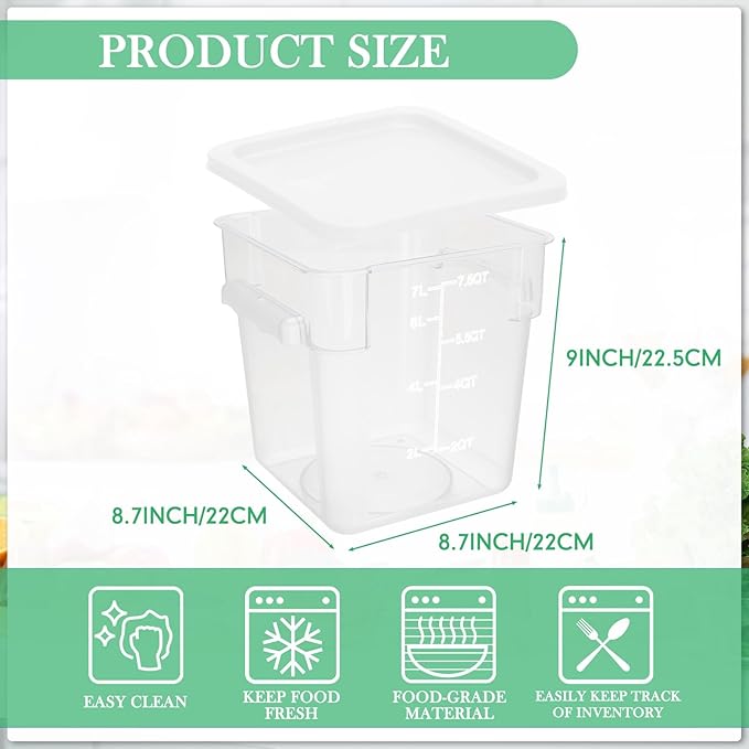 Lallisa 8 Pack 8 Qt Clear Food Storage Container with Handles and Lid Commercial Grade Square Food Storage Containers Polycarbonate Air Tight box for Home Kitchen Restaurant (Green, White)
