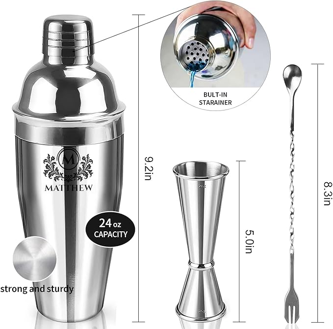 Custom Name Cocktail Shaker Set 24 oz - Personalized Stainless Steel Martini Shaker with Strainer & Measurements - Bar Shaker Gift for Bartenders & Cocktail Enthusiasts
