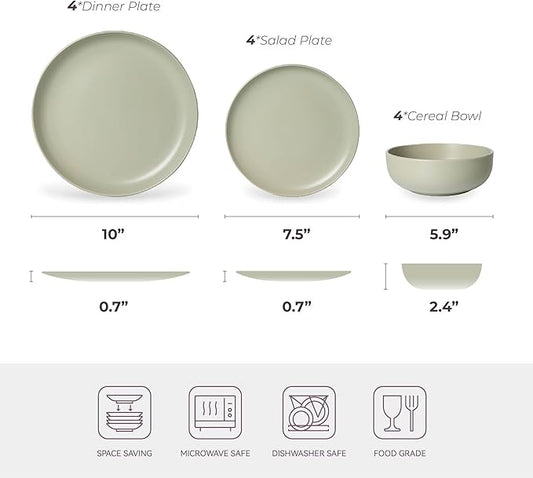 12-Piece Stoneware Dinnerware Set with Mugs | Microwave and Dishwasher Friendly | Stackable Matte Glaze Plates & Bowls | Service for 4
