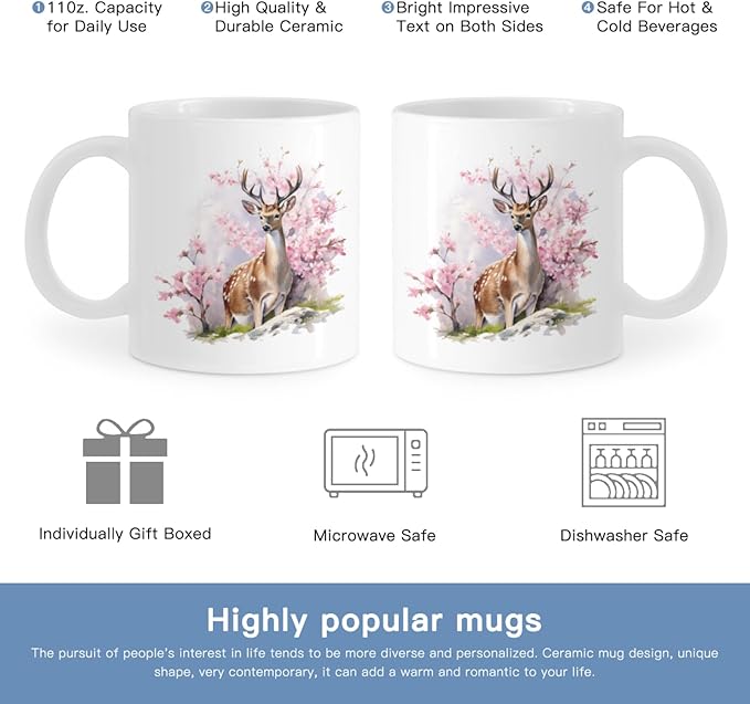 Coffee Mugs Deer Pattern Ceramic Latte Mug with Handle 11 OZ for Men Women for Latte Cappuccino Cocoa Milk Dishwasher & Microwave Safe