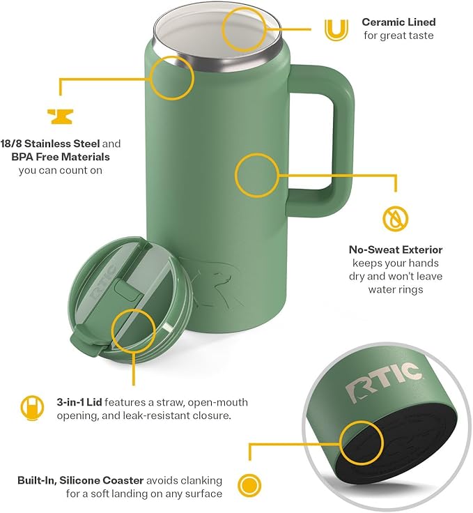 RTIC 64oz Road Trip Tumbler with Handle, Lid and Straw, Ceramic Lined, Insulated, Stainless Steel, Double Wall Vacuum-Insulation, Travel Cup, Sage