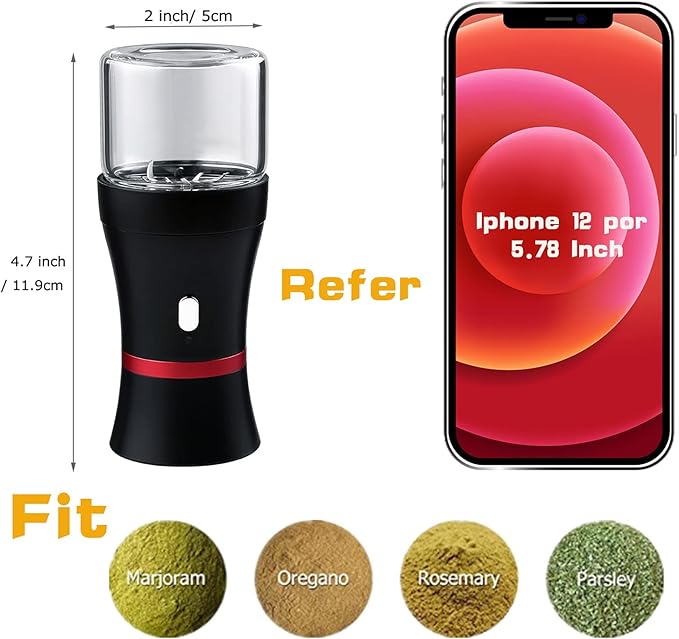 Electric Herb Grinder COMPACT Size, Fast Grinding for Flower Buds, Updated 6 Blades Spice Grinder, USB-Rechargeable Electric Grinder with 2 x 1.7oz/50ml Glass Herb Jars and a Mini Shovel