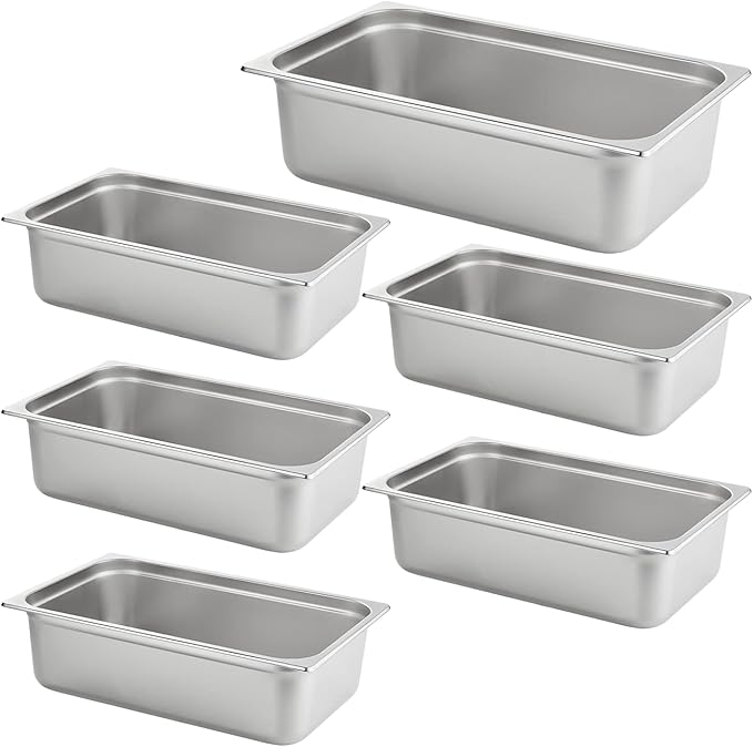 HECMAC 6 Pack Anti-Jam Hotel Pans, Full Size 6 Inch Deep, Commercial Stainless Steel Chafing Steam Table Pan, Catering Storage Metal Food Pan, 23 Gauge