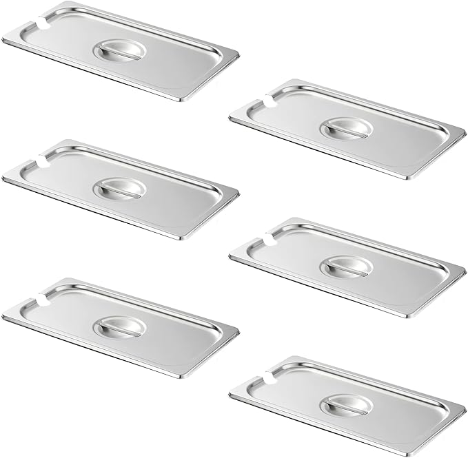 HECMAC 6-Pack 1/3 Size Slotted Hotel Pan Cover, Heavy Duty, Stainless Steel Solid Steam Table Catering Food Pan Lid with Handle