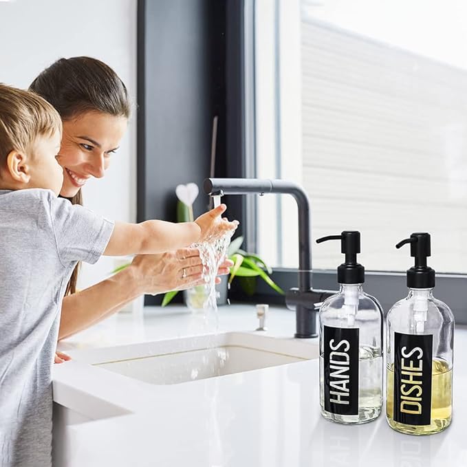 JASAI 2Pack 18OZ Glass Soap Dispenser, Black Stainless Steel Pump, Kitchen Dispenser with Classy Label, Refillable for Dishes