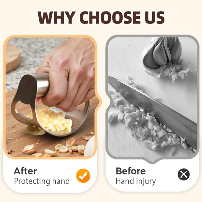 Stainless Steel Garlic Presser, Upgrade Rocker Crusher Masher with Garlic Peeling, 2026 New Portable Manual Stainless Steel Garlic Press for Home Kitchen Utensils (2)