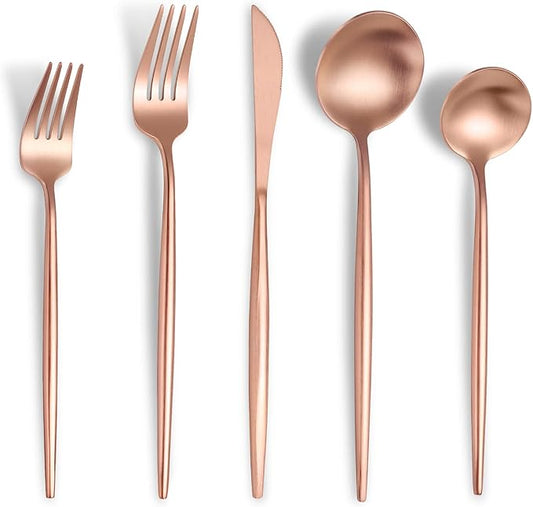 Lemeya Matte Rose Gold Silverware Set for 6,Modern Stainless Steel Brushed Cutlery Set,30-Pieces Heavy Duty Flatware Set,Knives Spoons and Forks Set Utensils Set, Satin Finish, Dishwasher Safe