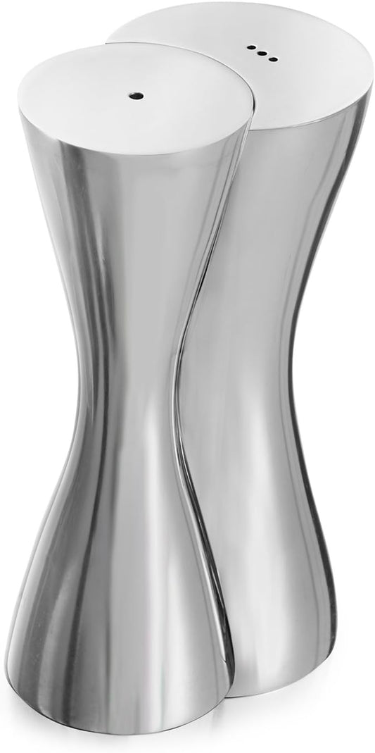 Nambé Hug Salt & Pepper Shakers - Contemporary Hourglass Sculptural Design, 6" x 2.5" Alloy Metal Dining Table Set - Stylish Kitchen Accessory, Decorative Tabletop Spice Shakers