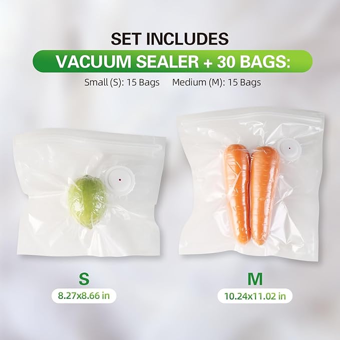 Handheld Vacuum Sealer & Food Saver with 30 Reusable Bags – Keeps Food Fresh 6X Longer | One-Touch Seal & USB Rechargeable | Leak-Proof for Meat, Meal Prep & Travel | Compact Food Preservation System