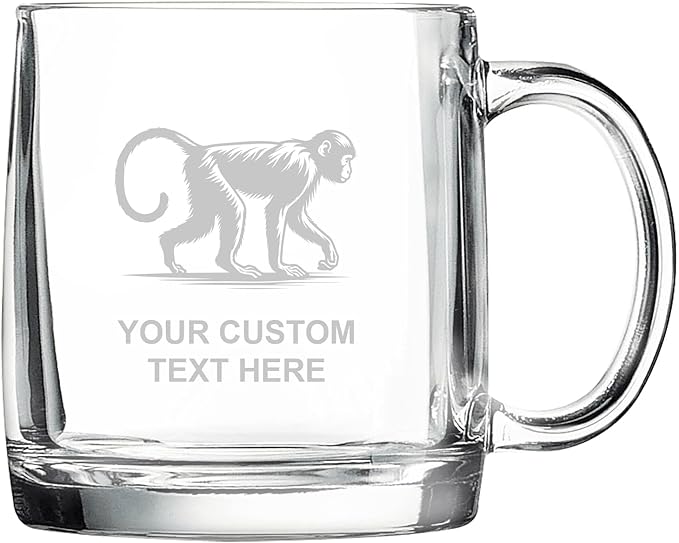 Monkey, Personalized 12.5 oz Polar Camel Glass Coffee Desk Mug – Custom Laser Engraved Clear Cup for Tea, Espresso, Latte, Whiskey - Microwave Safe/Made in USA