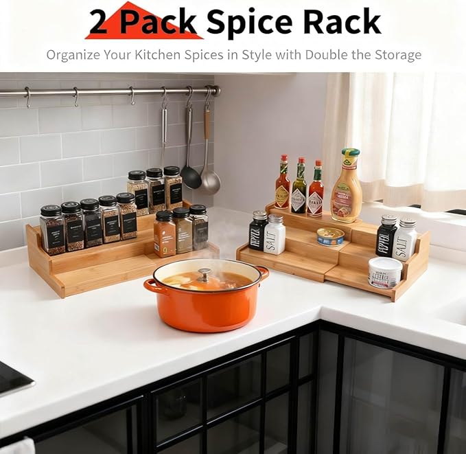 JinDoWin 2 Pack Bamboo Spice Organization for Cabinet, Cabinet Spice Organizer, 3-Tier Spice Rack Organizer for Cabinet, Kitchen Seasoning Organizer & Seasoning Rack