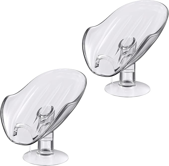 NPET Not Punched Self Draining Plastic Soap Dish Holder with Enlarged Suction Cup,Portable Soap Tray for Bathroom Shower, Kitchen Sink, Save Space and Soap (2, 2 Clear)