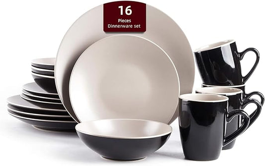 Stoneware Two-Tone Colors Life 16pc Dinner Set， Outside Shiny Black + Inside Matte Glaze Light Beige