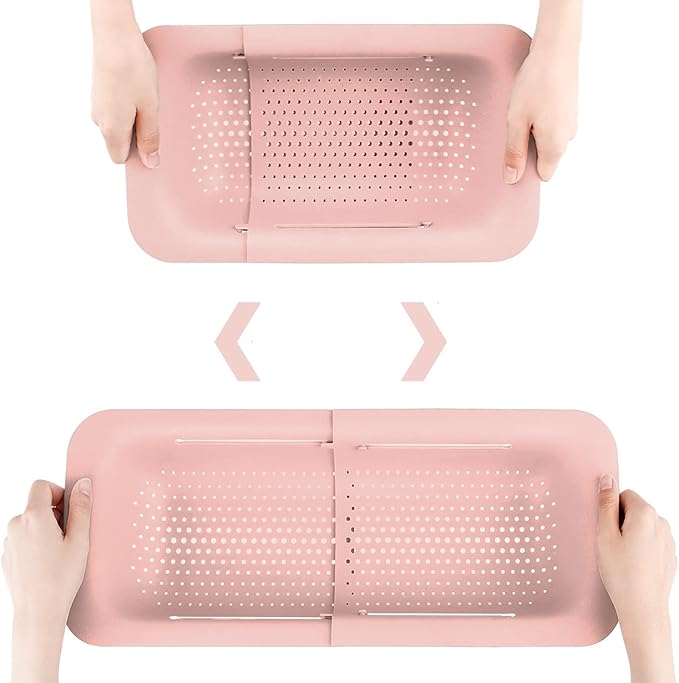 Collapsible Colander Kitchen Extendable Strainer Fruits Vegetables Noodle Pasta Food Drain Basket Space-Saver Portable Drainer Over Sink (1, 4#Pink)